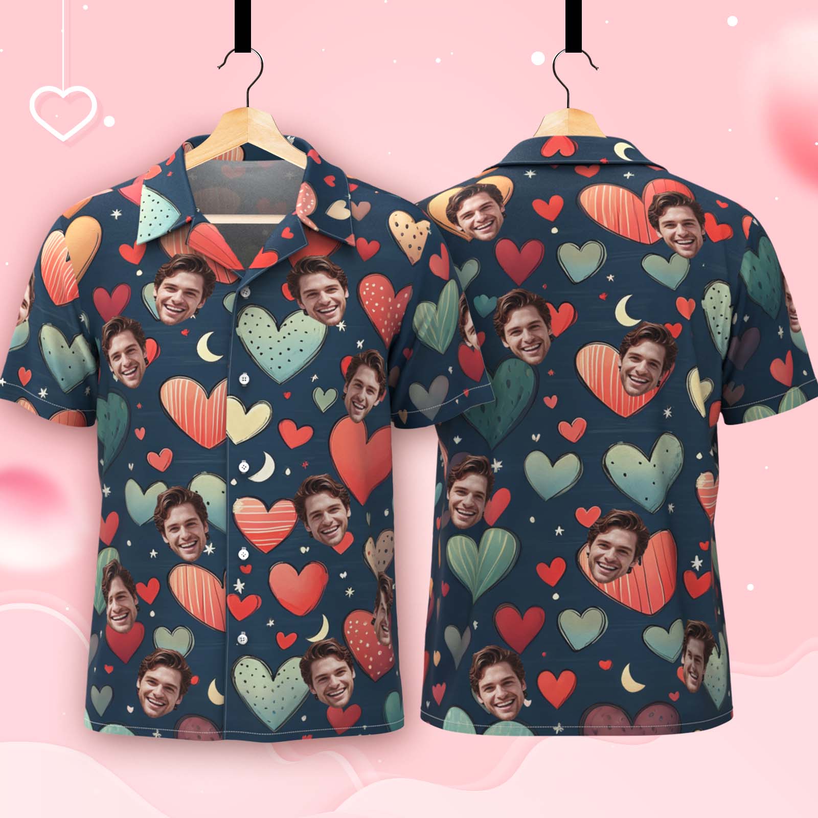 Personalisiertes Hawaii-hemd Im Valentinstag-blau-rosa-herz-stil Für Paare, Individuelles Hawaii-hemd Mit Gesicht Für Ihn