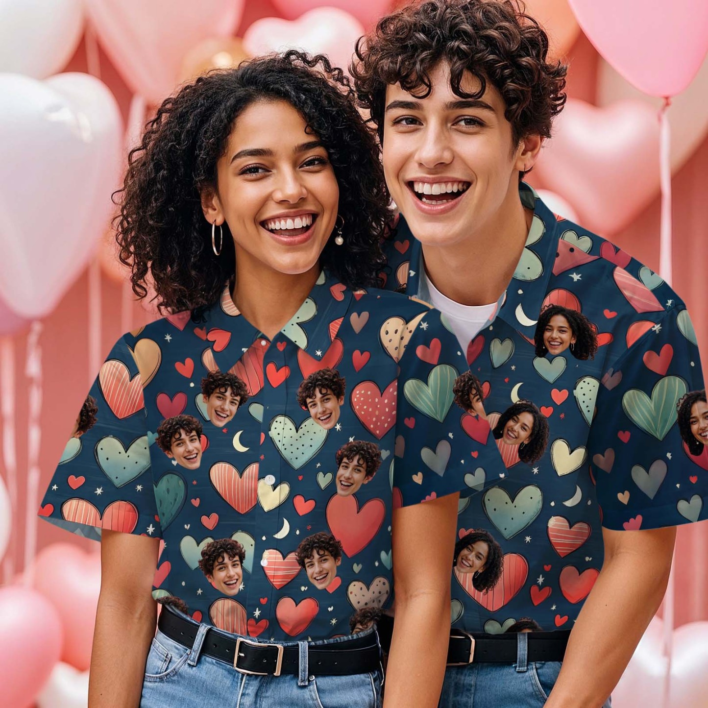 Personalisiertes Hawaii-hemd Im Valentinstag-blau-rosa-herz-stil Für Paare, Individuelles Hawaii-hemd Mit Gesicht Für Ihn - dephotoblanket