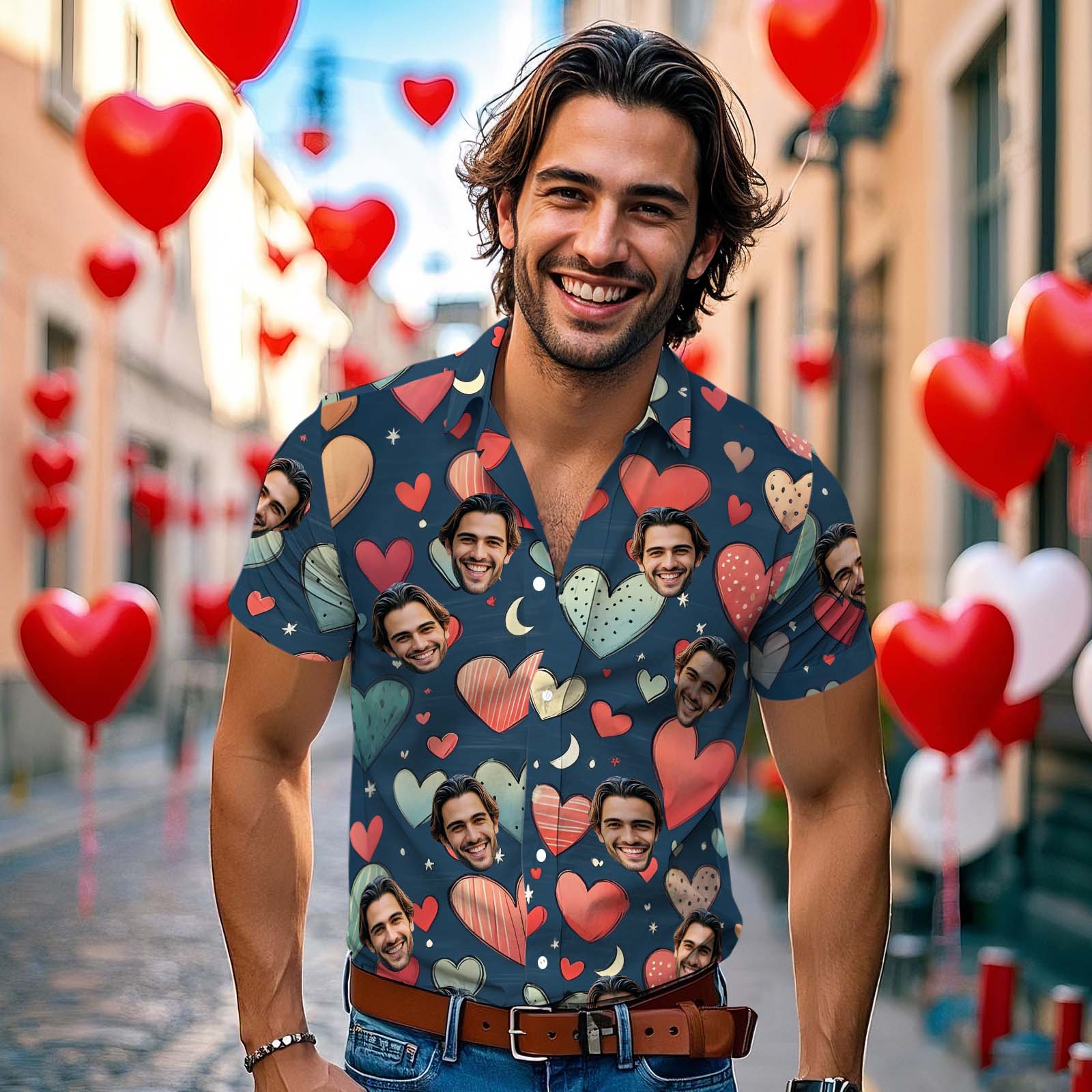 Personalisiertes Hawaii-hemd Im Valentinstag-blau-rosa-herz-stil Für Paare, Individuelles Hawaii-hemd Mit Gesicht Für Ihn