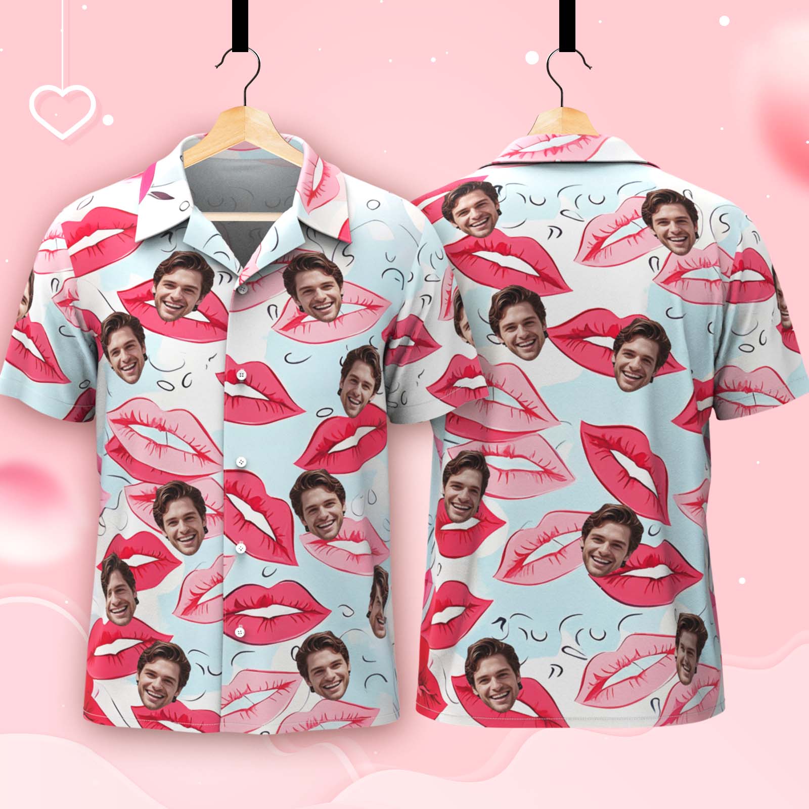 Benutzerdefiniertes Gesichts-hawaii-hemd, Rote Lippen, Kuss, Kuss Im Valentinstag-stil Für Paare