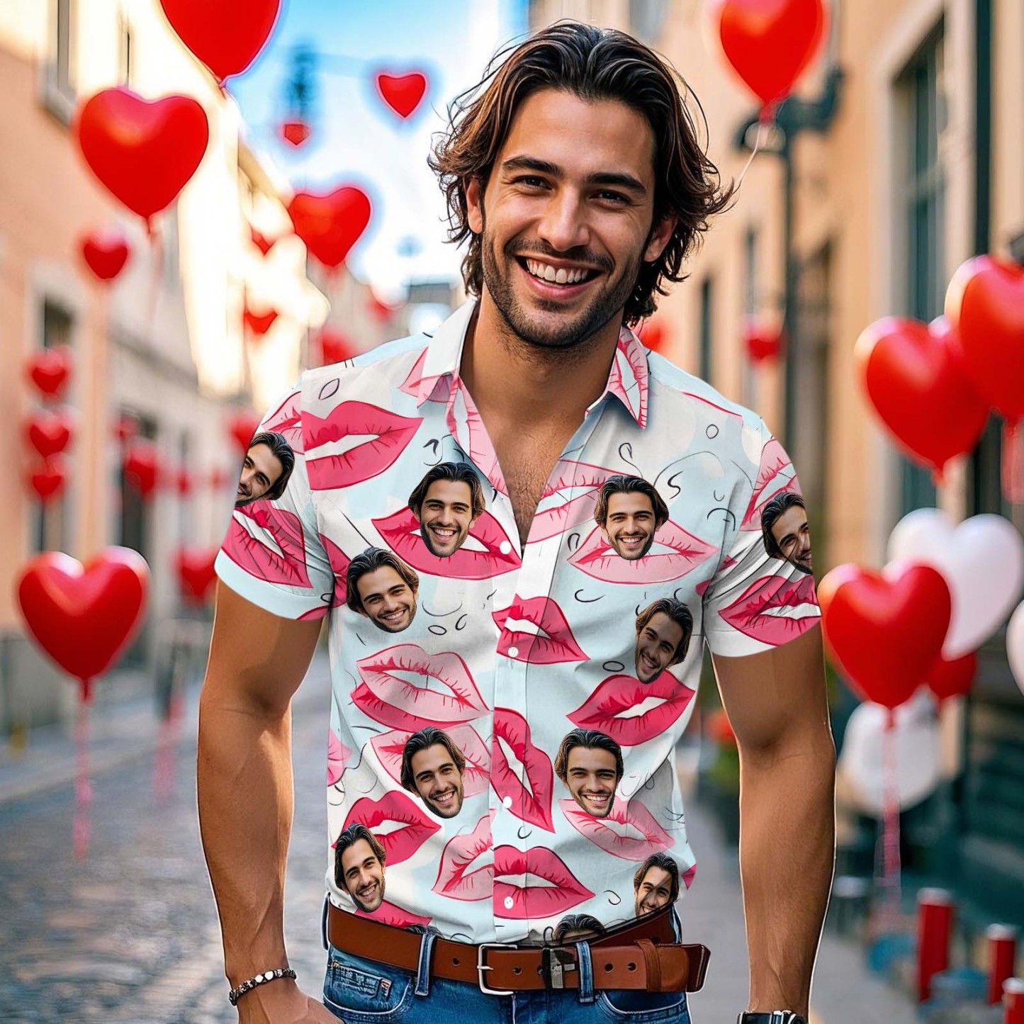Benutzerdefiniertes Gesichts-hawaii-hemd, Rote Lippen, Kuss, Kuss Im Valentinstag-stil Für Paare - dephotoblanket
