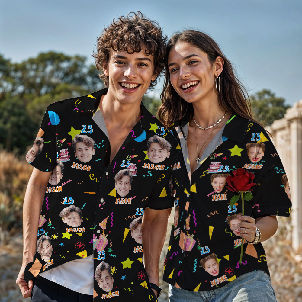 Benutzerdefiniertes Gesicht Hawaii-Hemd, personalisierter Geburtstagskuchen, Name und Alter, Gesicht, Männer, Hawaii-Hemd, Geburtstagsparty-Geschenk - dephotoblanket