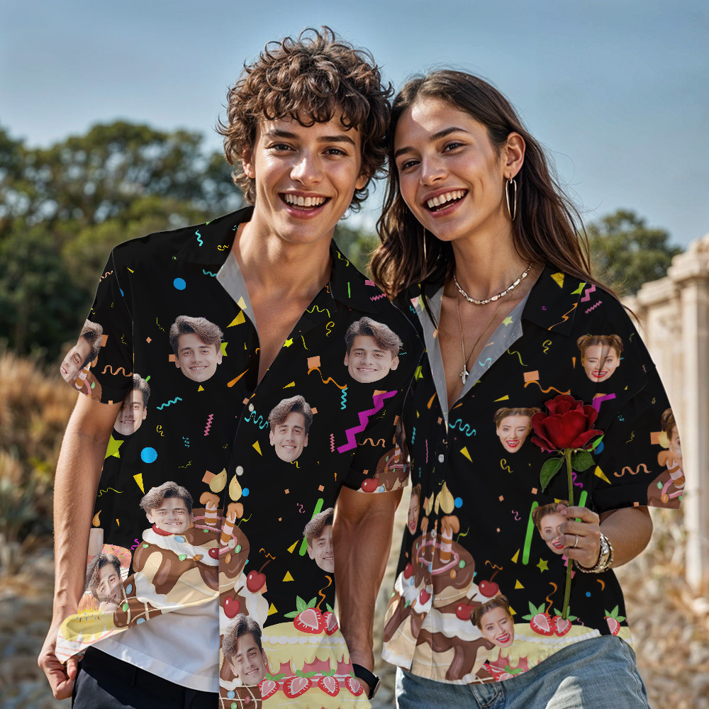 Benutzerdefiniertes Gesicht Hawaii-Hemd, personalisierter Geburtstagskuchen, Name und Alter, Gesicht, Männer, Hawaii-Hemd, Geburtstagsparty-Geschenk - dephotoblanket