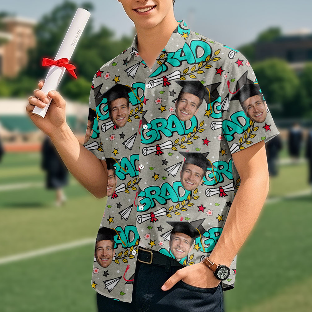 Benutzerdefinierte Hawaii-Hemden. Personalisiertes Aloha-Hemd mit Abschlussthema – Kritzeleien und Gesichts-Allover-Print - dephotoblanket