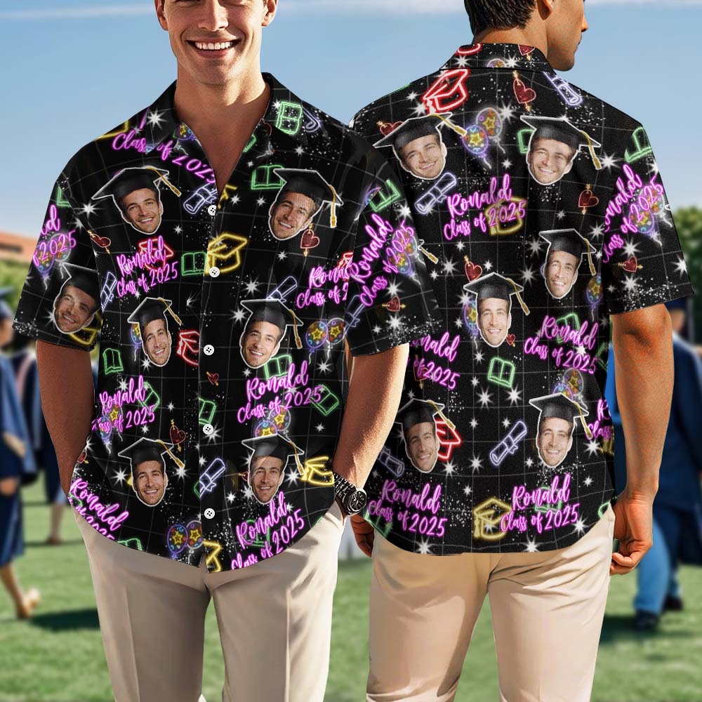 Maßgeschneiderter Hawaii-Hemd-Neon-Abschlussdruck der Klasse 2025 mit Namen und Gesicht - dephotoblanket