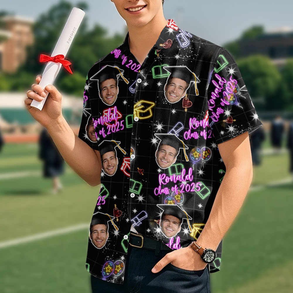 Maßgeschneiderter Hawaii-Hemd-Neon-Abschlussdruck der Klasse 2025 mit Namen und Gesicht - dephotoblanket