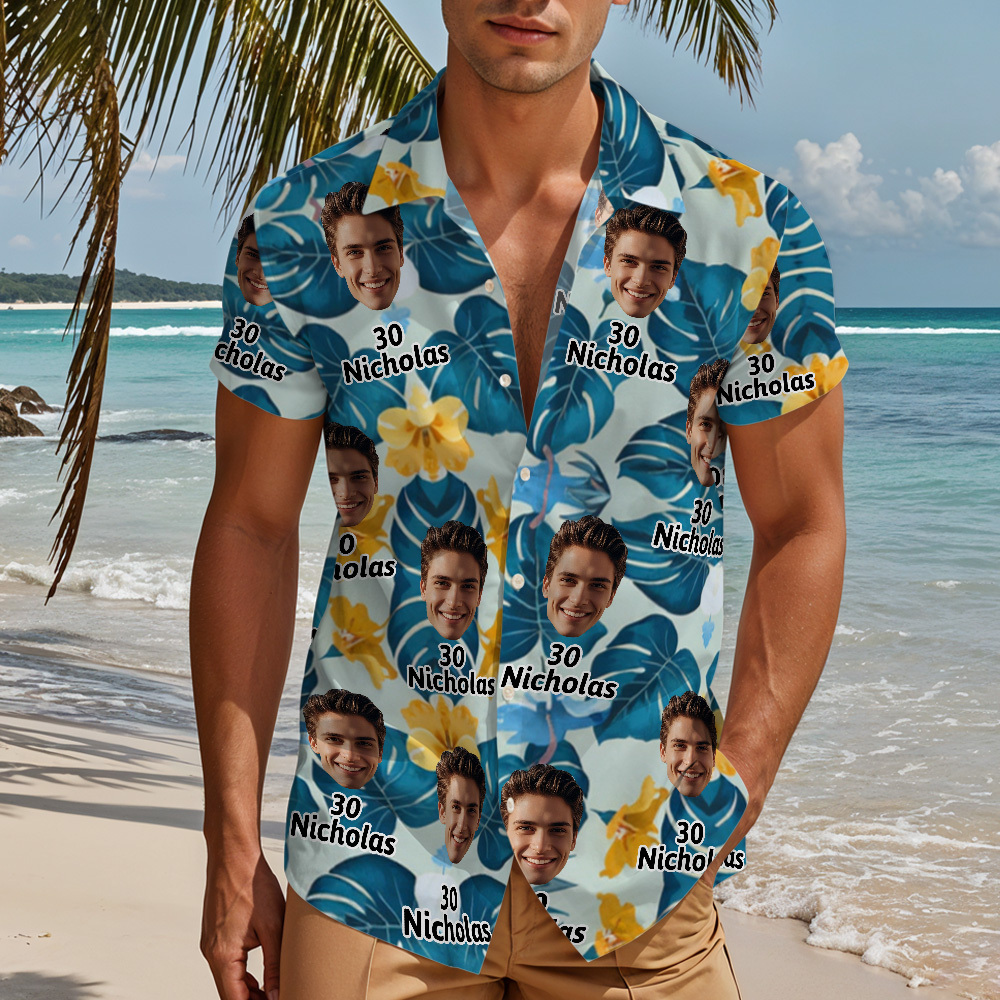 Hawaii-Geburtstagsshirt mit individuellem Gesicht und Alter für ihn – lustiges Party-Outfit-Geschenk - dephotoblanket