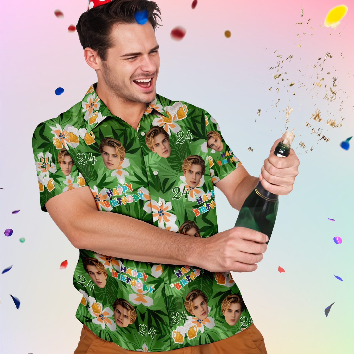 Benutzerdefiniertes Gesichts-Hawaii-Hemd, tropisches Blatt-Feier-grünes Hemd, personalisiertes Geburtstags-Party-Shirt für Männer, Junggesellenabschied oder Urlaubsreise - dephotoblanket