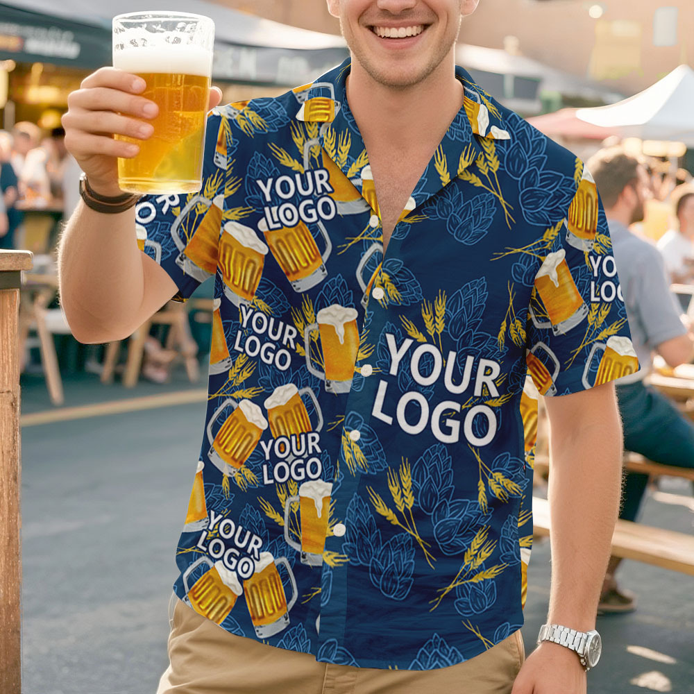 Benutzerdefiniertes Gesicht Riesenbierkrug Blaues Hawaiihemd Personalisiertes Bierliebhaber-Shirt für Partys, Festivals oder als Geschenk für den Vater - dephotoblanket