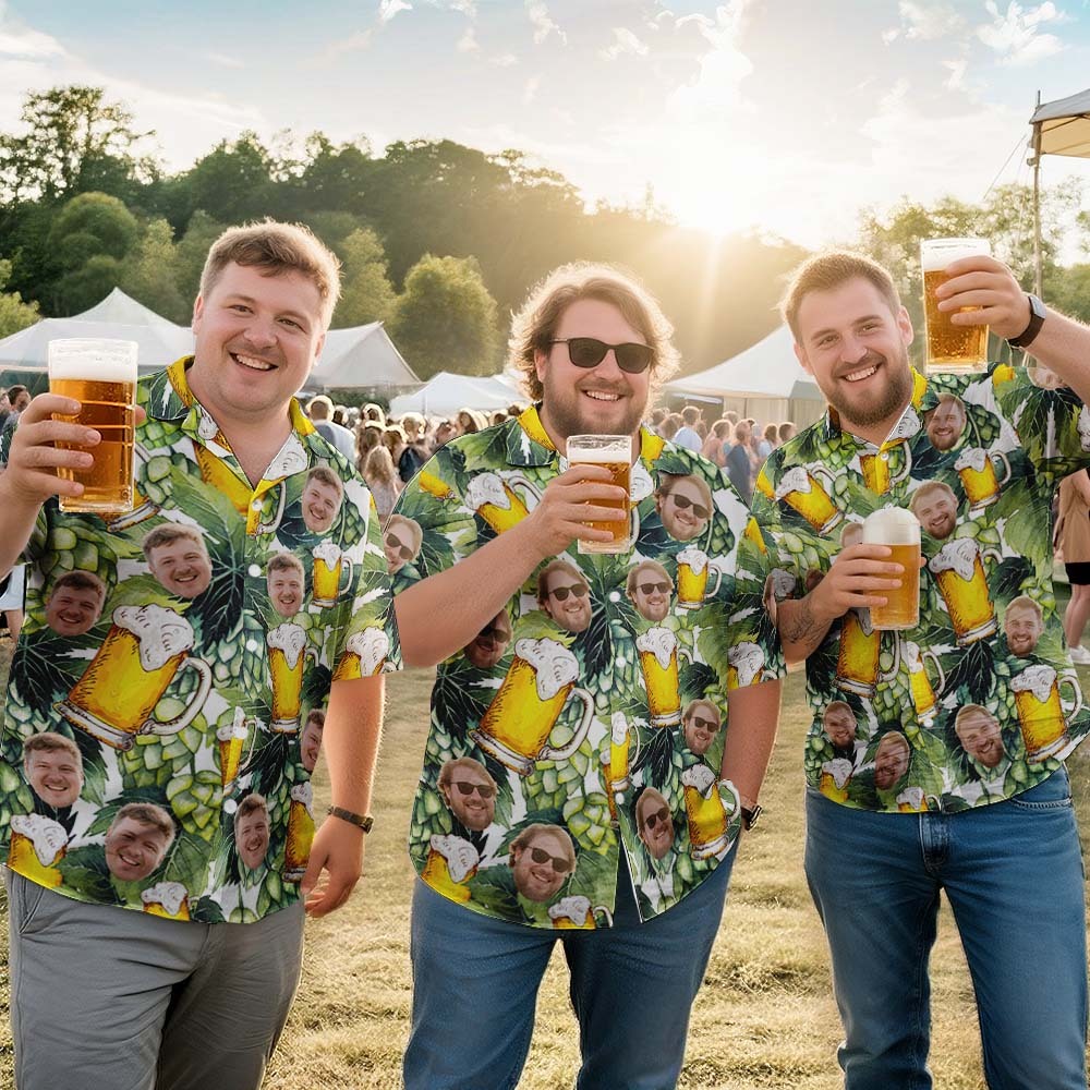 Maßgeschneidertes Bierkrug-Hawaii-Hemd mit Gesicht, Hopfen- und Gersten-Design. Lustiges Oktoberfest, Sommer-BBQ, Bierliebhaber-Party-Outfit - dephotoblanket