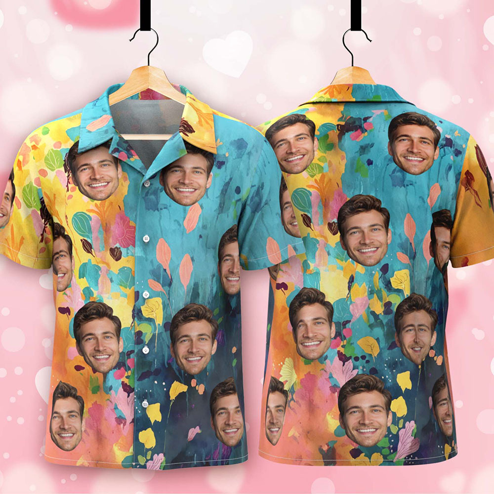 Benutzerdefinierte Hawaiian Shirt Mit Blau Gelben Blättern Ölgemälde-stil Personalisierte Geschenk Für Männer - dephotoblanket