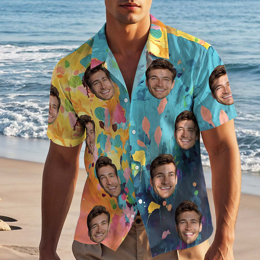 Benutzerdefinierte Hawaiian Shirt Mit Blau Gelben Blättern Ölgemälde-stil Personalisierte Geschenk Für Männer - dephotoblanket