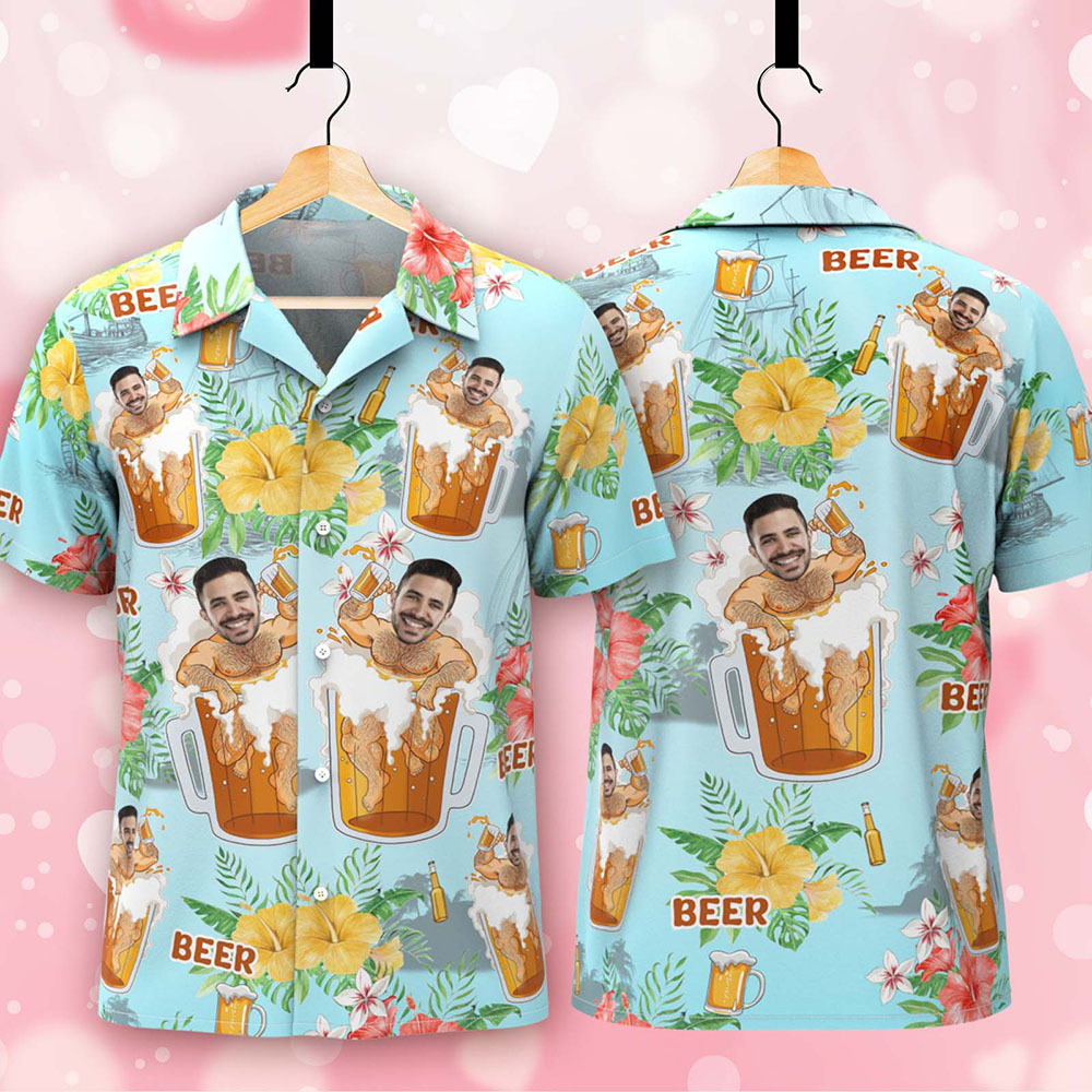 Benutzerdefiniertes Gesicht Hawaii-Hemd mit Bierdruck, personalisiertes Aloha-Strand-Hemd, Party-Geschenk für Männer - dephotoblanket