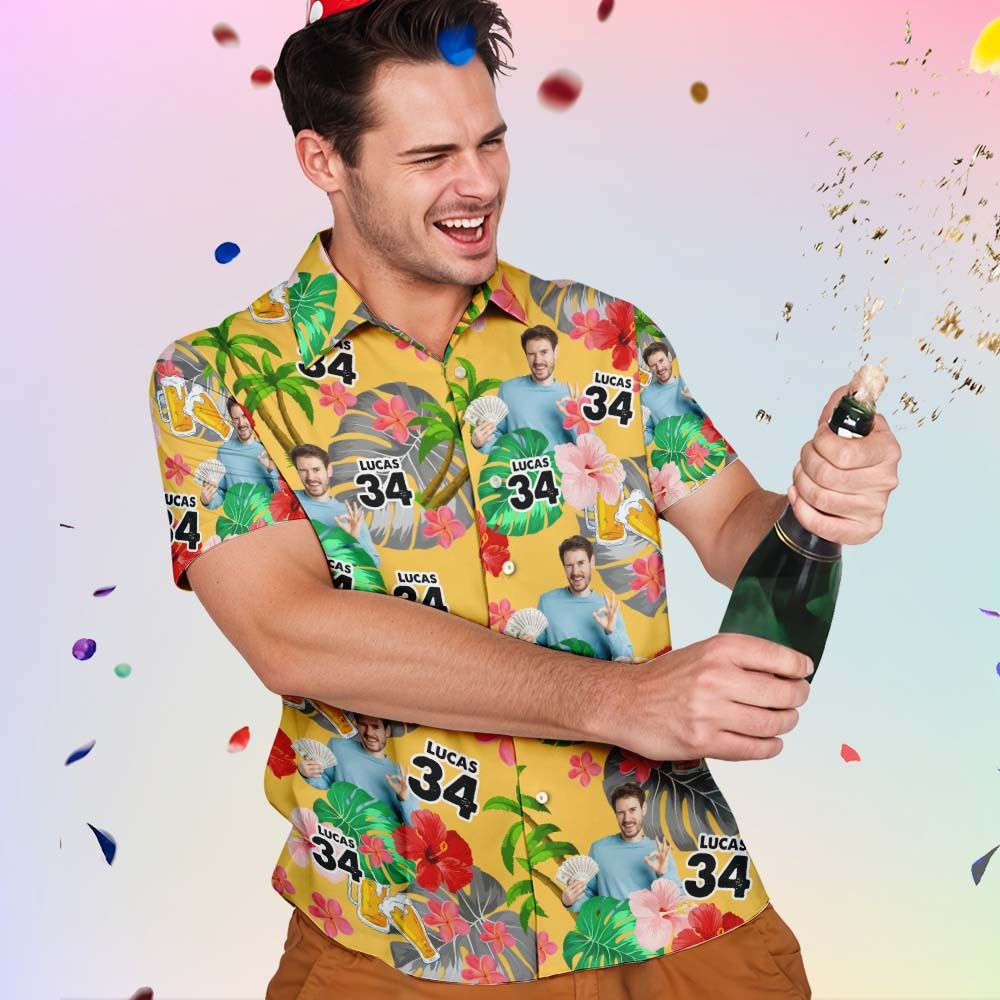 Personalisiertes Geburtstags-Hawaii-Hemd mit individuellem Gesicht, personalisiertes Button-Down-Hemd mit Altersaufdruck, Geburtstagsparty-Geschenk - dephotoblanket