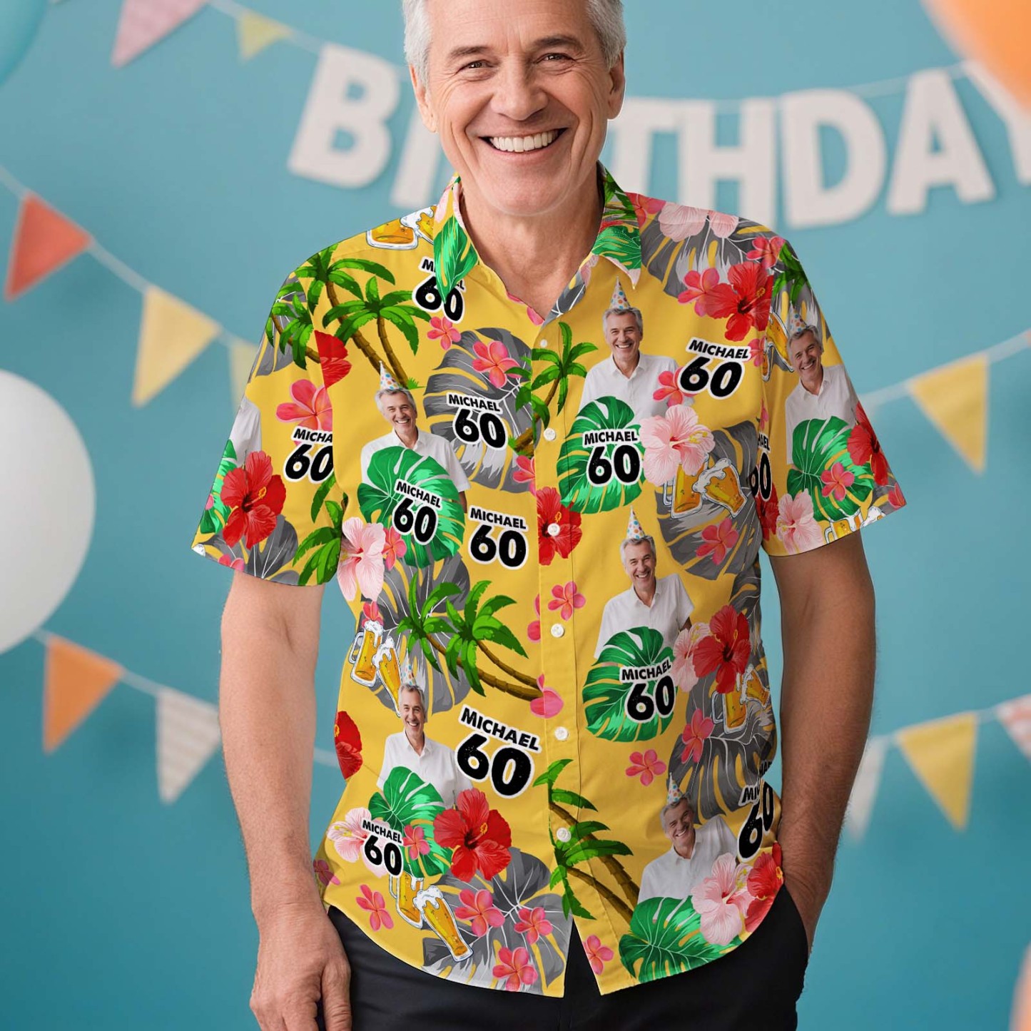 Personalisiertes Geburtstags-Hawaii-Hemd mit individuellem Gesicht, personalisiertes Button-Down-Hemd mit Altersaufdruck, Geburtstagsparty-Geschenk - dephotoblanket