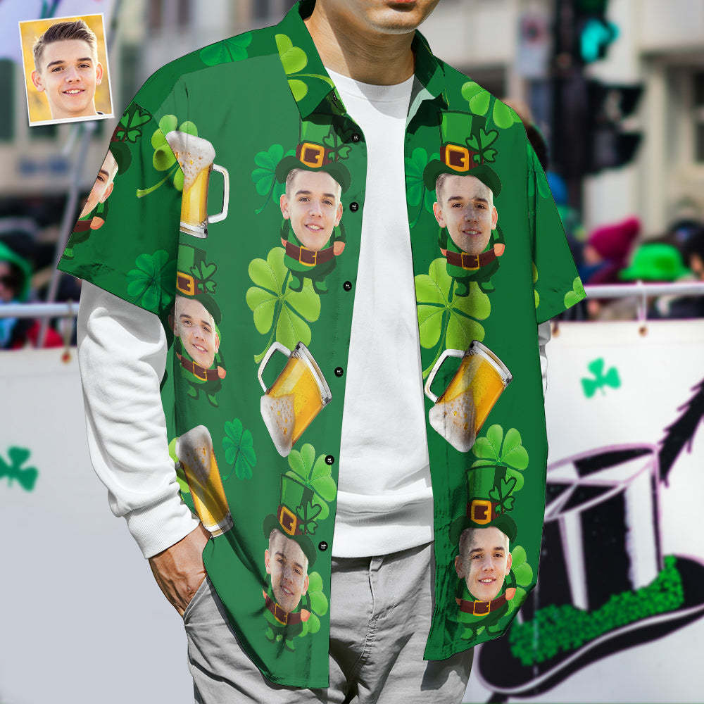 Hawaiihemden Mit Individuellem Gesicht, Hemden Mit Klee- Und Biermuster, Lässige Hemden Mit Kurzen Ärmeln - dephotoblanket