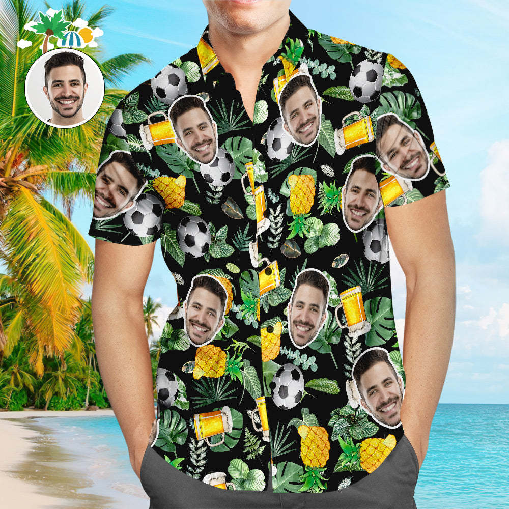 Benutzerdefiniertes Gesichts-fußball-muster-hawaii-shirt-bier-ananas-strand-shirt Für Fußballliebhaber - dephotoblanket
