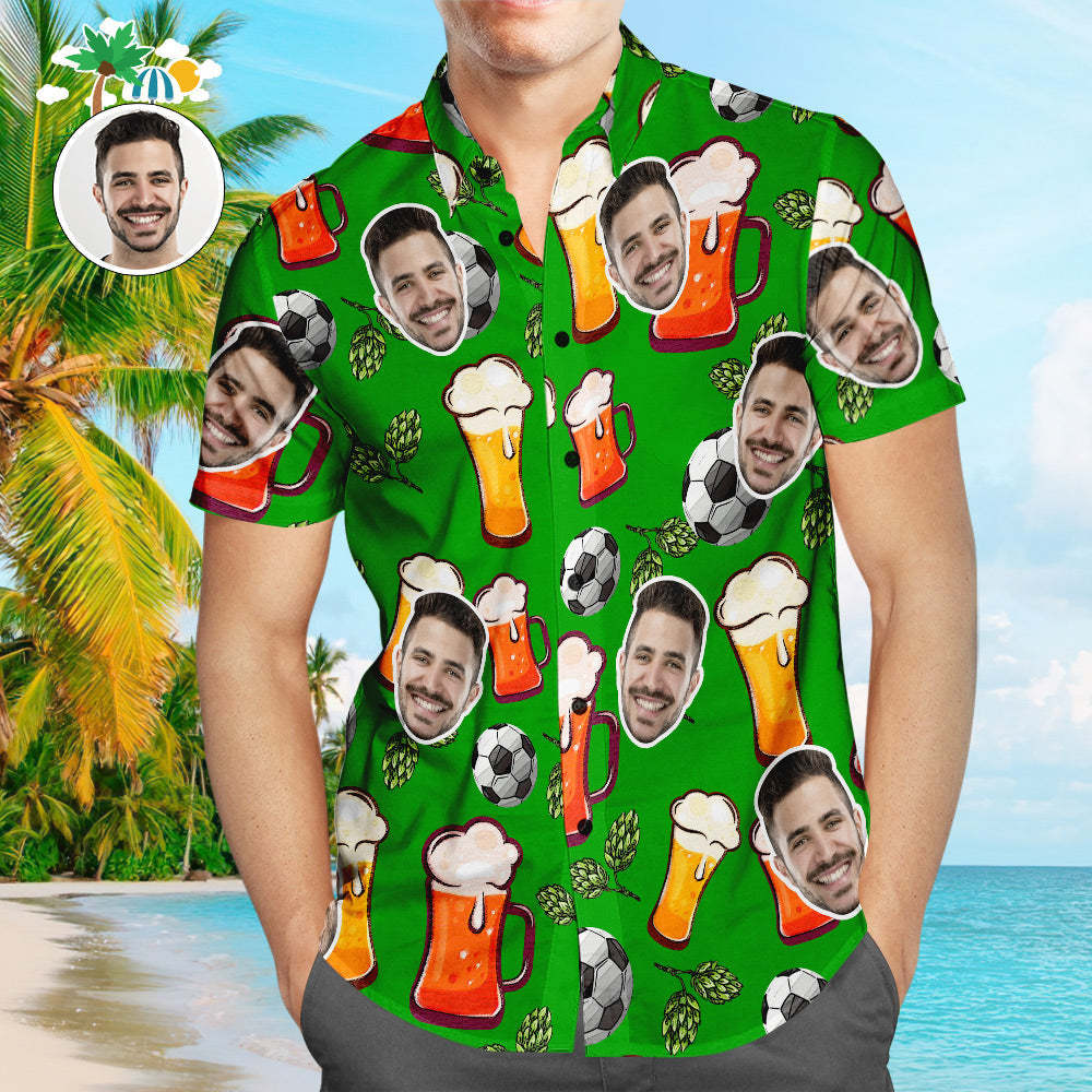 Benutzerdefiniertes Gesichts-fußball-muster-hawaii-hemd-bier-fußball-hopfen-strand-hemd Für Fußballliebhaber - dephotoblanket