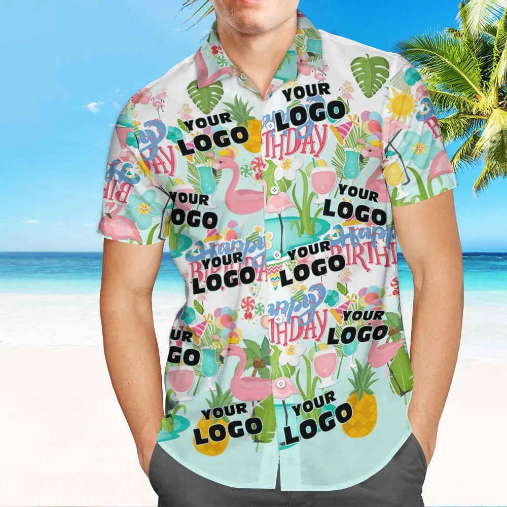 Personalisiertes Happy Birthday Logo Hawaii-Hemd, Flamingo-Party, personalisiertes Logo-Shirt - dephotoblanket