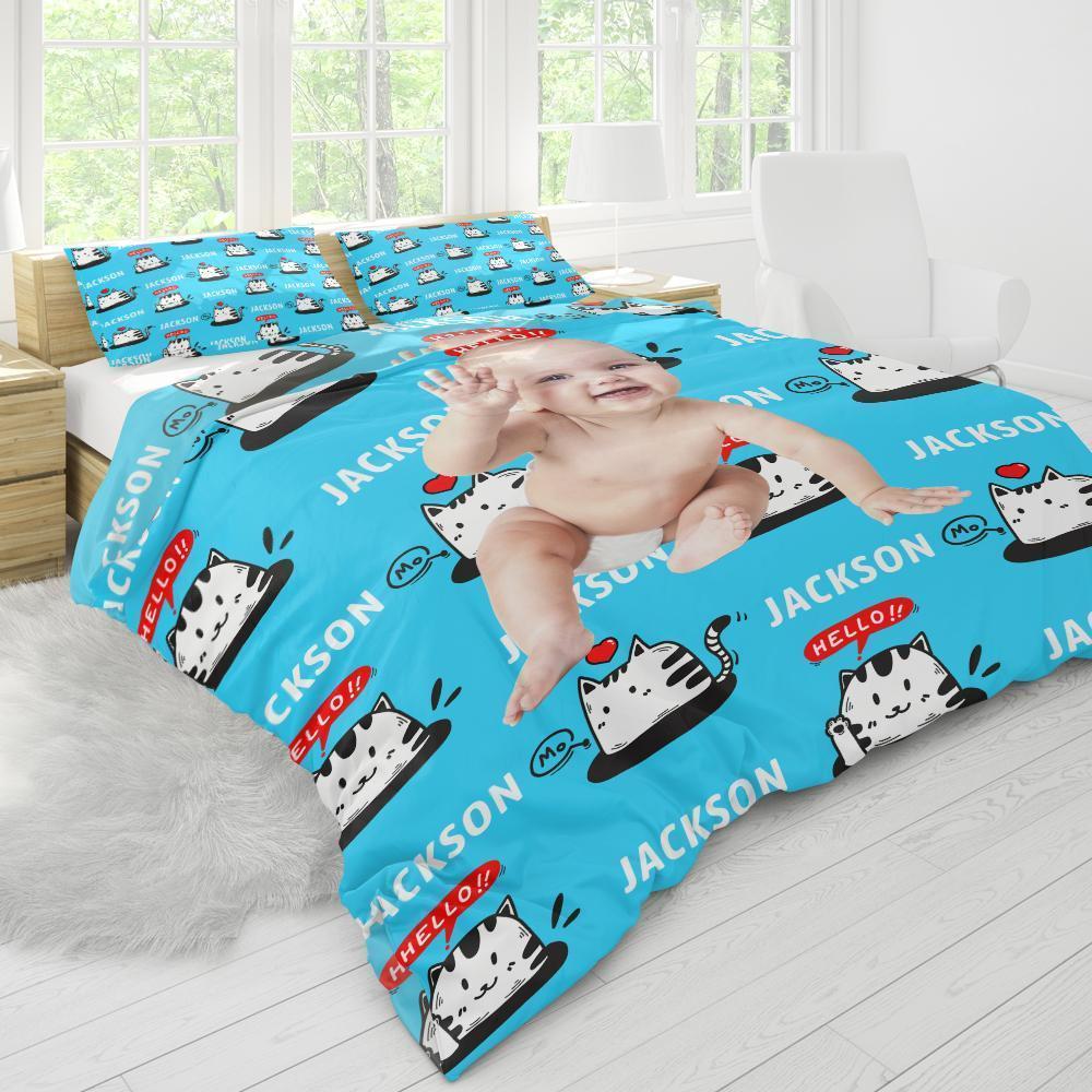 Polyesterfaser Benutzerdefinierter Bettwäsche Personalisierter Foto Text Bettdecke Bezug und Kissenbezug-Der Süße Katze