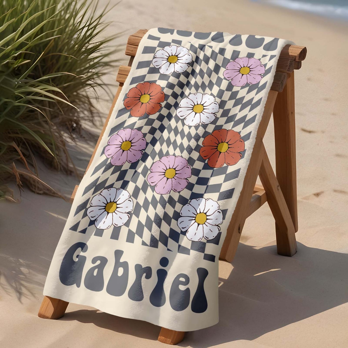 Retro-strandtuch Im Multi-stil, Personalisiertes Namens-badetuch, Personalisiertes Pool-handtuch, Strandtuch Mit Namen Draußen, Geburtstagsgeschenk - dephotoblanket