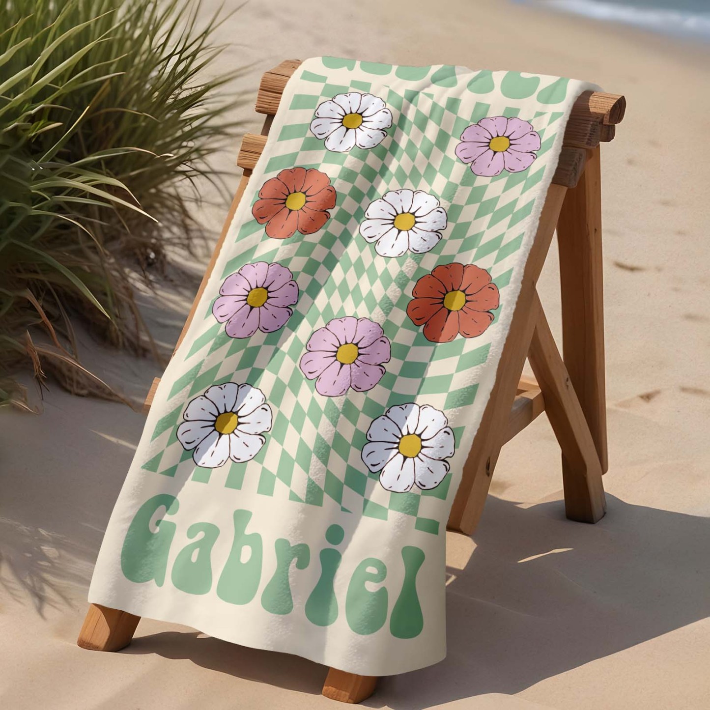 Retro-strandtuch Im Multi-stil, Personalisiertes Namens-badetuch, Personalisiertes Pool-handtuch, Strandtuch Mit Namen Draußen, Geburtstagsgeschenk - dephotoblanket