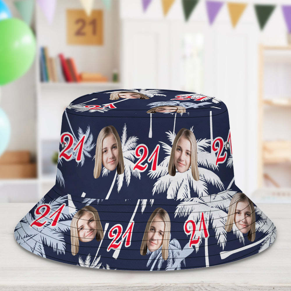 Benutzerdefinierte Gesichts- und Zahlen-Geburtstags-Eimerhut, rot-weißer Kokosnussbaum-Hut - dephotoblanket