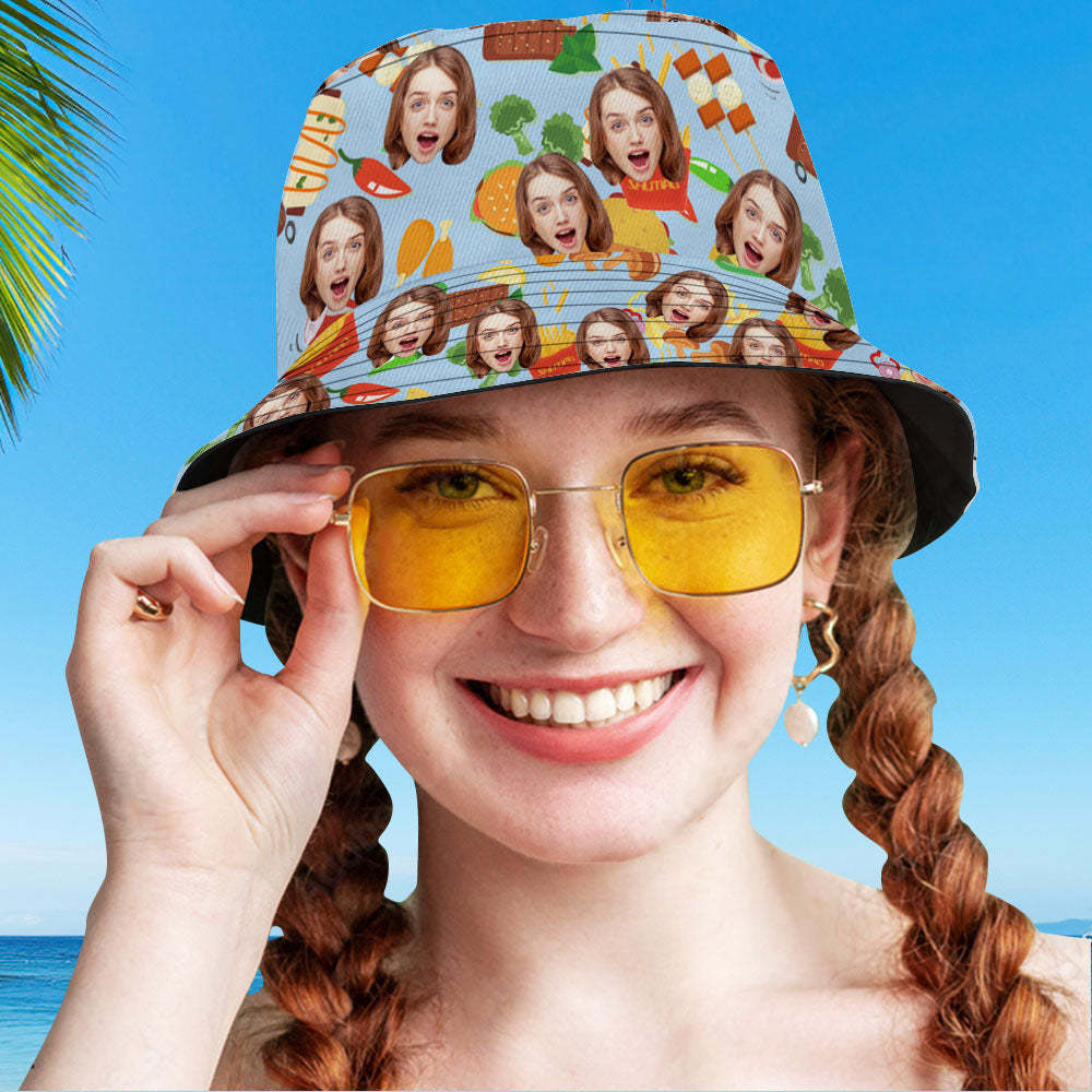 Benutzerdefinierter Eimerhut, Personalisierbar, Gesichtsessen, Sommerhut Mit Breiter Krempe, Fischerhut, Geschenke - dephotoblanket