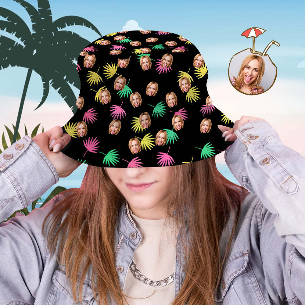 Benutzerdefinierter Fischerhut Mit Personalisiertem Gesicht Und Tropischem Blumendruck, Hawaiianischer Fischerhut – Bunte Blätter - dephotoblanket