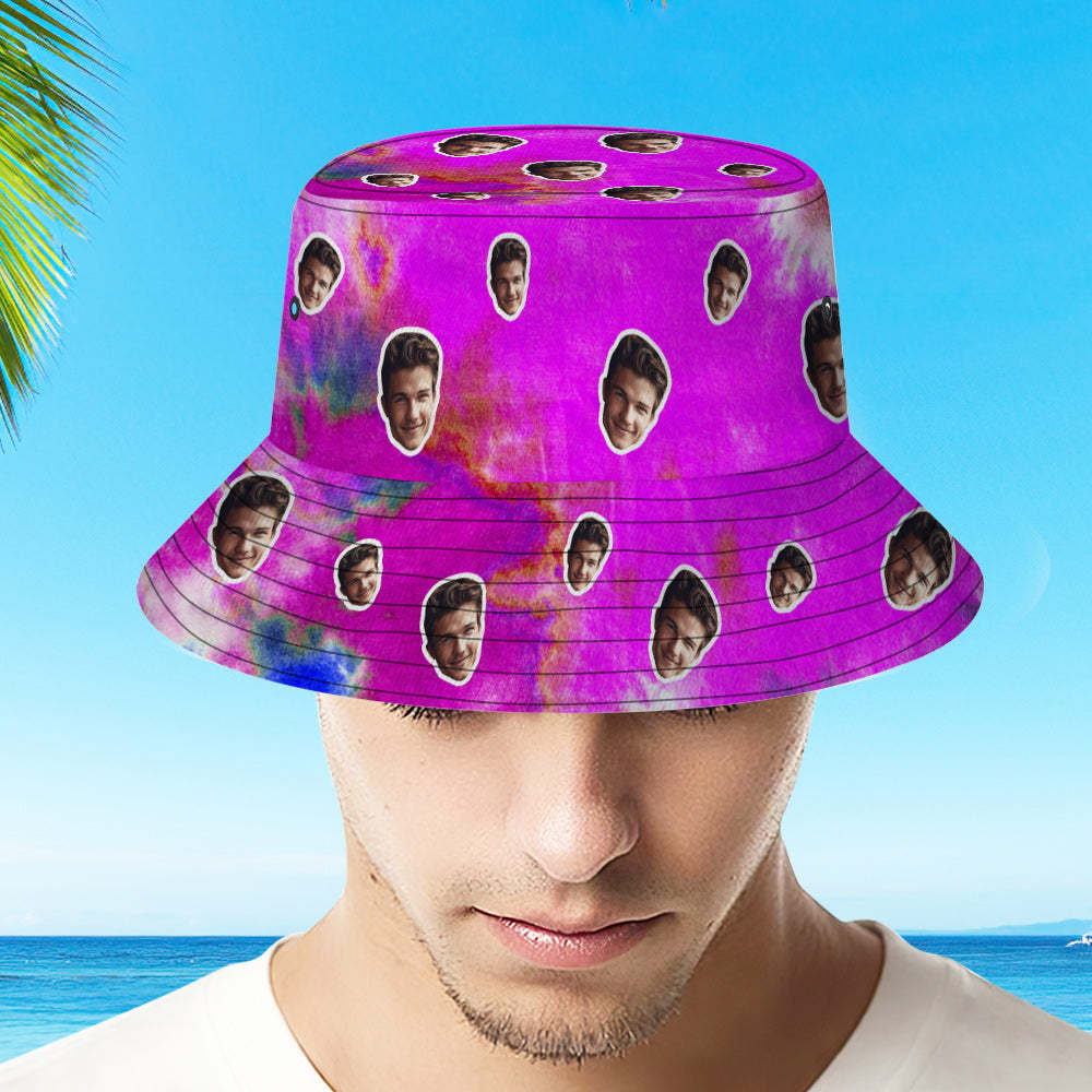 Benutzerdefinierte Bucket Hat Unisex Gesicht Bucket Hat Personalisierte Breite Krempe Outdoor Sommer Cap Wandern Strand Sport Hüte Tie Dye - Violett - dephotoblanket