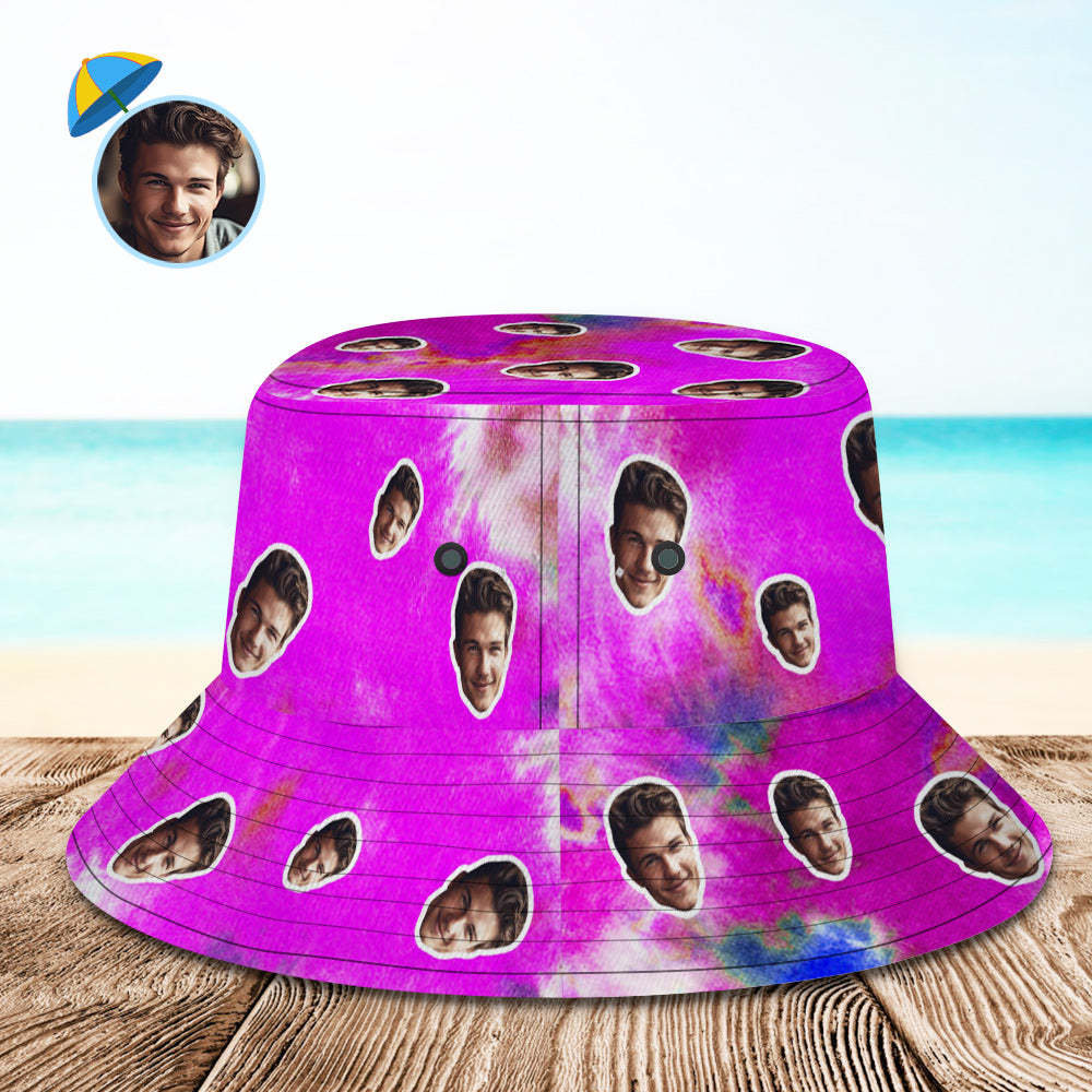 Benutzerdefinierte Bucket Hat Unisex Gesicht Bucket Hat Personalisierte Breite Krempe Outdoor Sommer Cap Wandern Strand Sport Hüte Tie Dye - Violett - dephotoblanket
