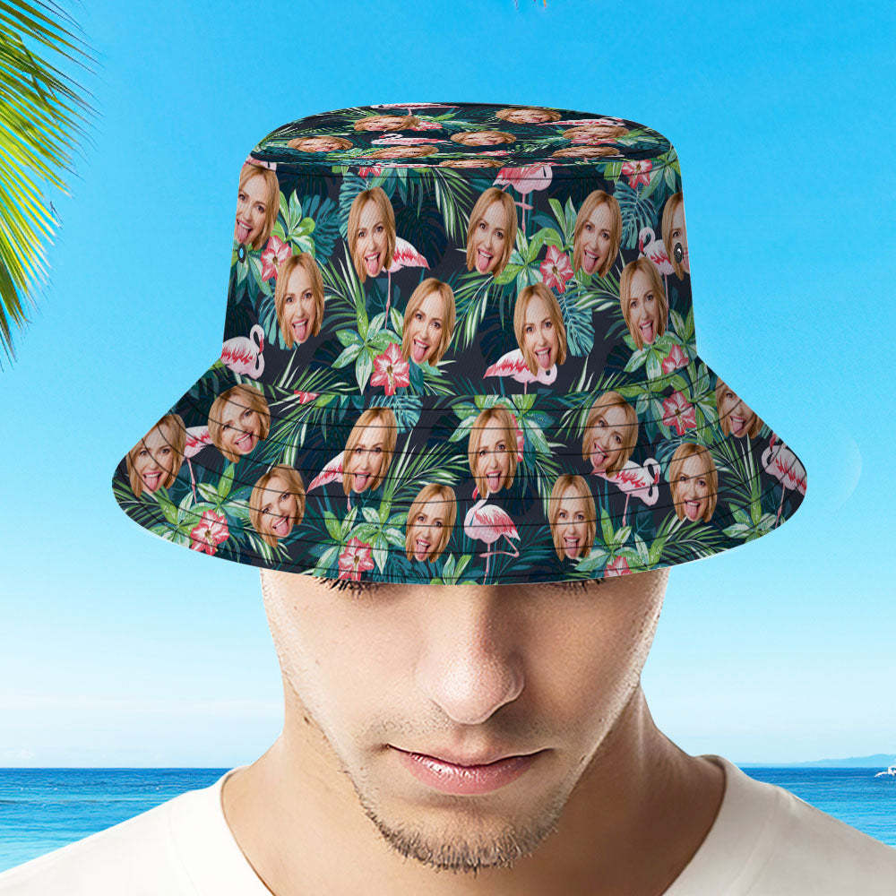 Benutzerdefinierter Fischerhut Mit Personalisiertem Gesicht Und Tropischem Blumendruck, Hawaiianischer Fischerhut – Flamingo - dephotoblanket