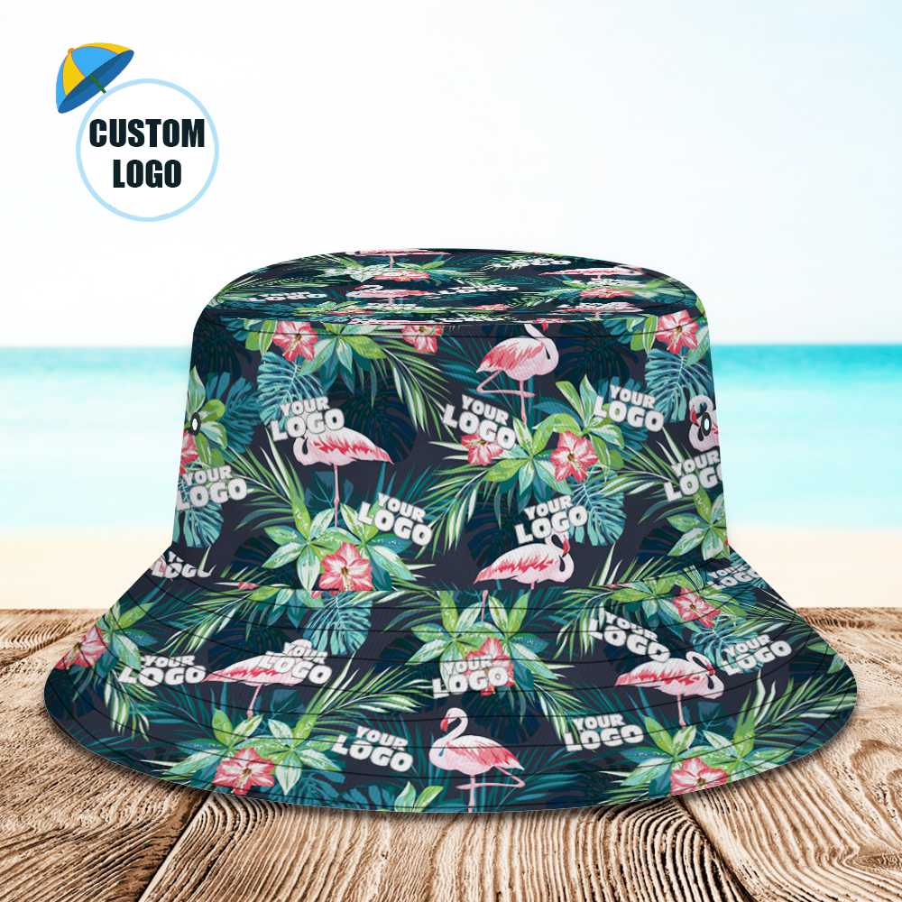 Benutzerdefinierter Fischerhut Mit Personalisiertem Logo, Allover-print, Tropischer Blumendruck, Hawaiianischer Fischerhut – Flamingo - dephotoblanket