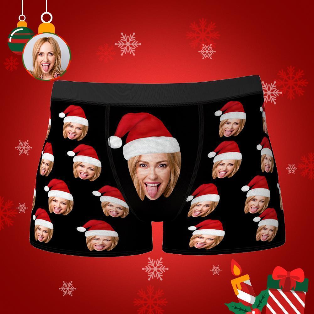 Benutzerdefinierte Gesicht Boxershorts Mit Weihnachtsmütze Personalisiertes Foto Unterwäsche Weihnachtsgeschenk Für Männer - dephotoblanket