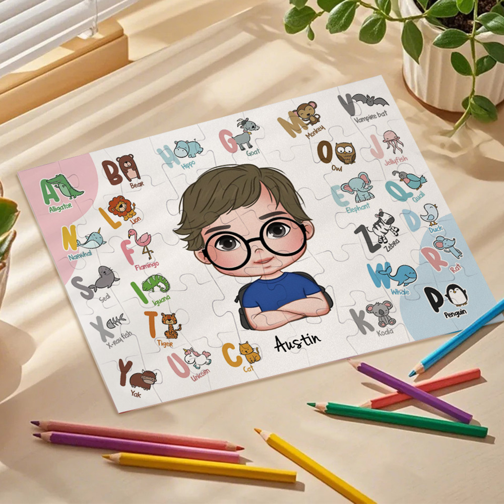Personalisiertes Puzzle Für Kinder, Niedliches Tier-alphabet-puzzle - dephotoblanket