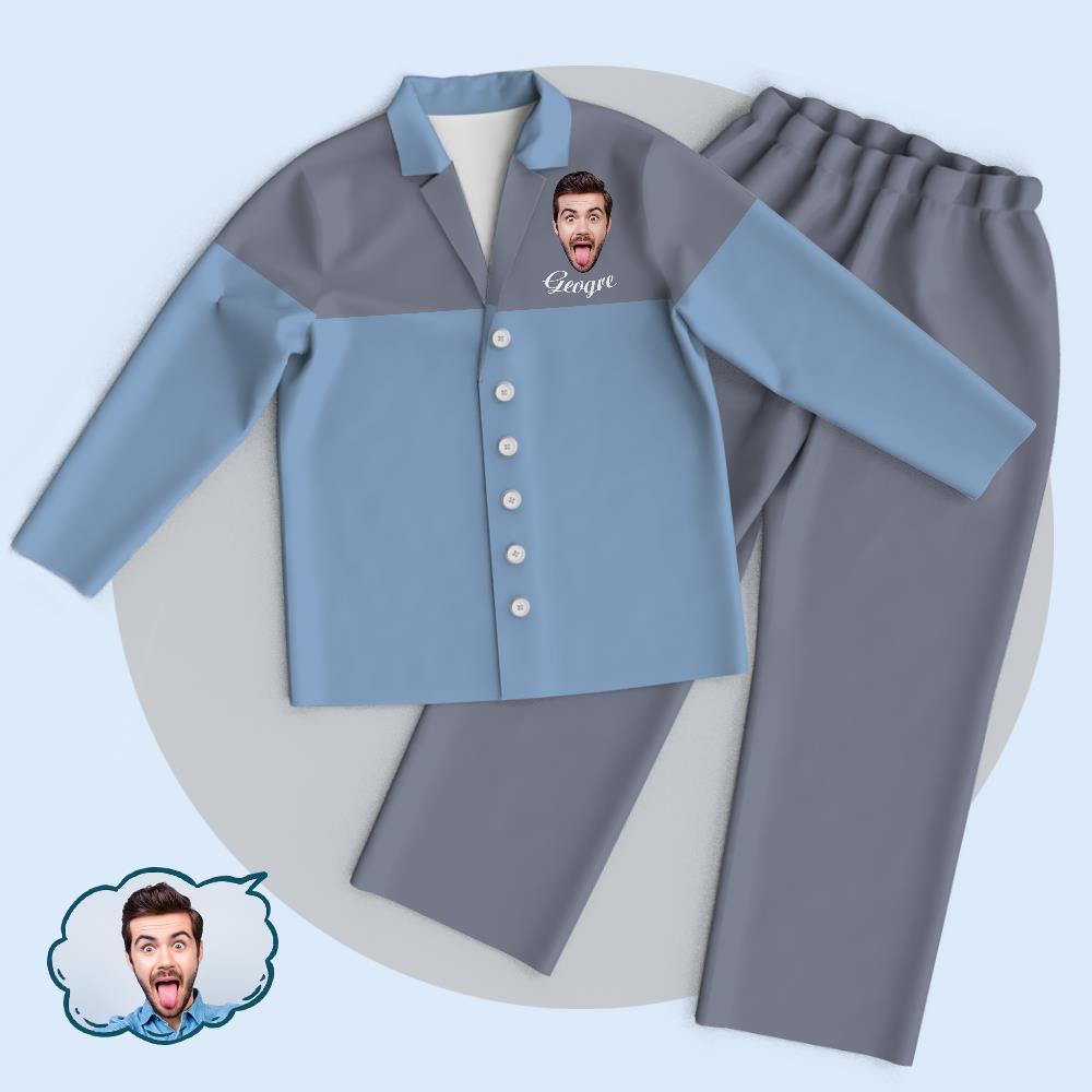 Benutzerdefinierte Blau-graue Colorblock-unisex-cardigan-pyjama-oberteile. Fügen Sie Ihr Foto Und Ihren Namen Hinzu - dephotoblanket
