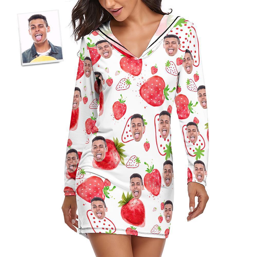 Custom Face Pyjamas Damen-pyjama-sets Langarm-kleid Sommernachtwäsche – Erdbeere - dephotoblanket