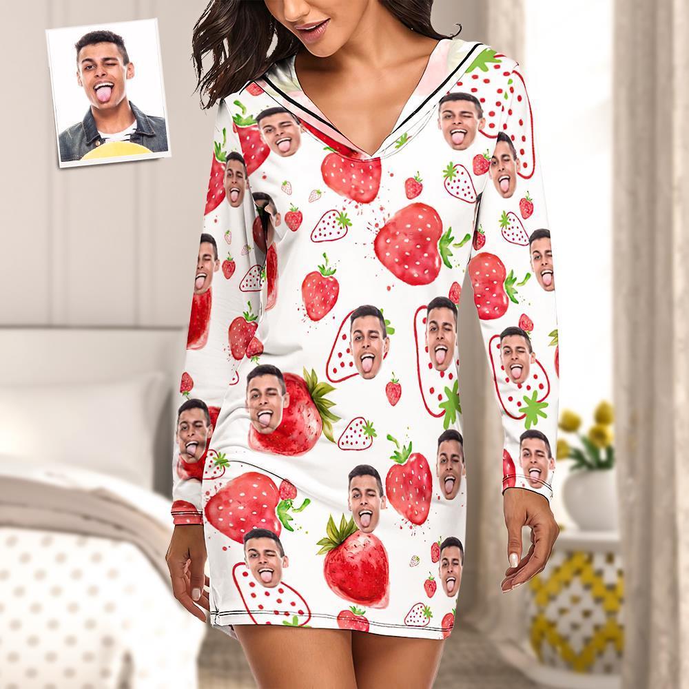 Custom Face Pyjamas Damen-pyjama-sets Langarm-kleid Sommernachtwäsche – Erdbeere - dephotoblanket