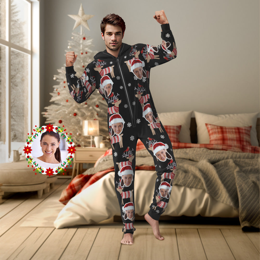 Benutzerdefinierte Gesicht Weihnachten Elch Onesies Pyjamas Einteiler Nachtwäsche Weihnachtsgeschenk