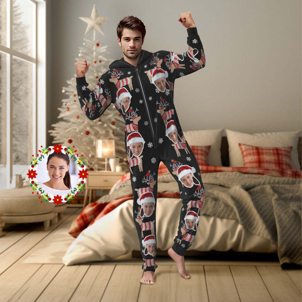 Benutzerdefinierte Gesicht Weihnachten Elch Onesies Pyjamas Einteiler Nachtwäsche Weihnachtsgeschenk - dephotoblanket