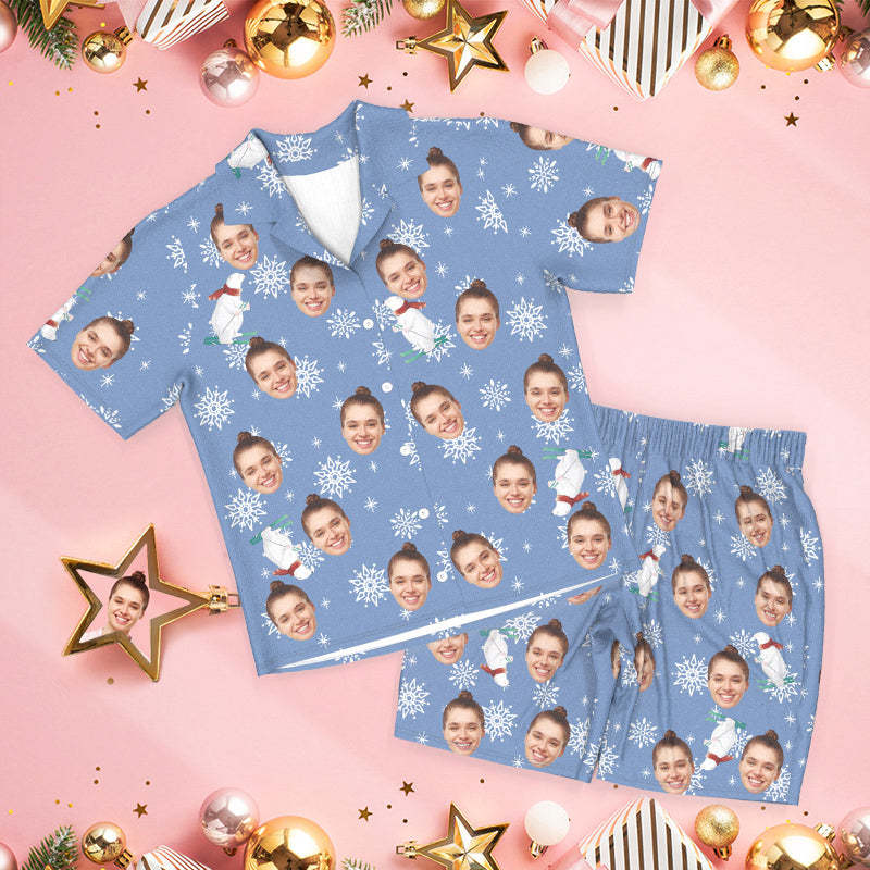 Pyjama Mit Individuellem Gesicht. Blauer Pyjama. Niedlicher Weihnachtspyjama Mit Eisbär - dephotoblanket