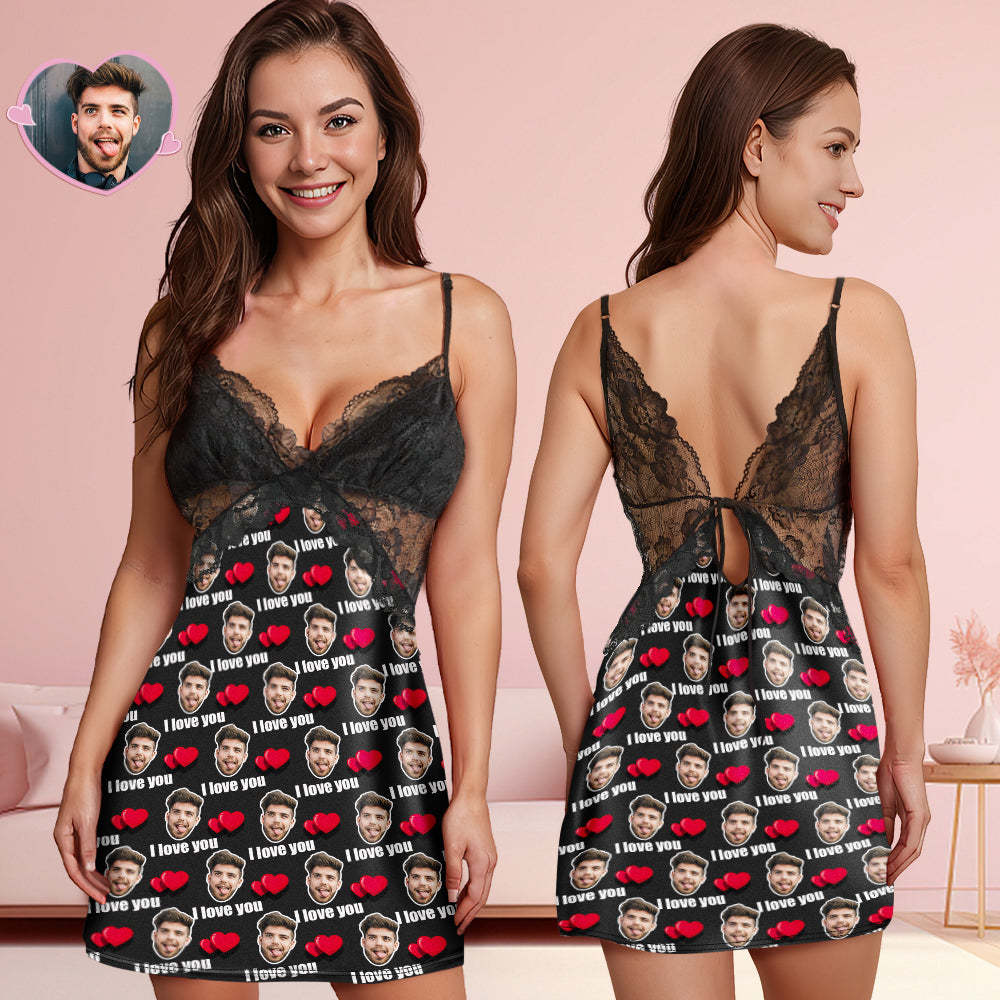 Benutzerdefiniertes Gesicht Damen-nachtwäsche Mit Spitze „i Love You“, Personalisiertes Foto-nachtwäsche, Geschenk Für Sie - dephotoblanket