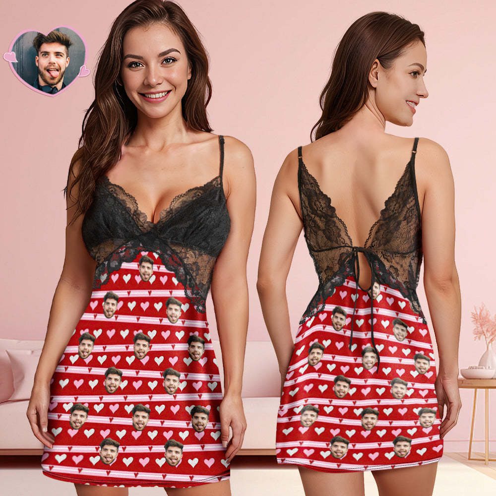 Benutzerdefinierte Gesicht Frauen Spitze Nachtwäsche Liebe Streifen Personalisierte Foto Nachtwäsche Valentinstag Geschenk - dephotoblanket