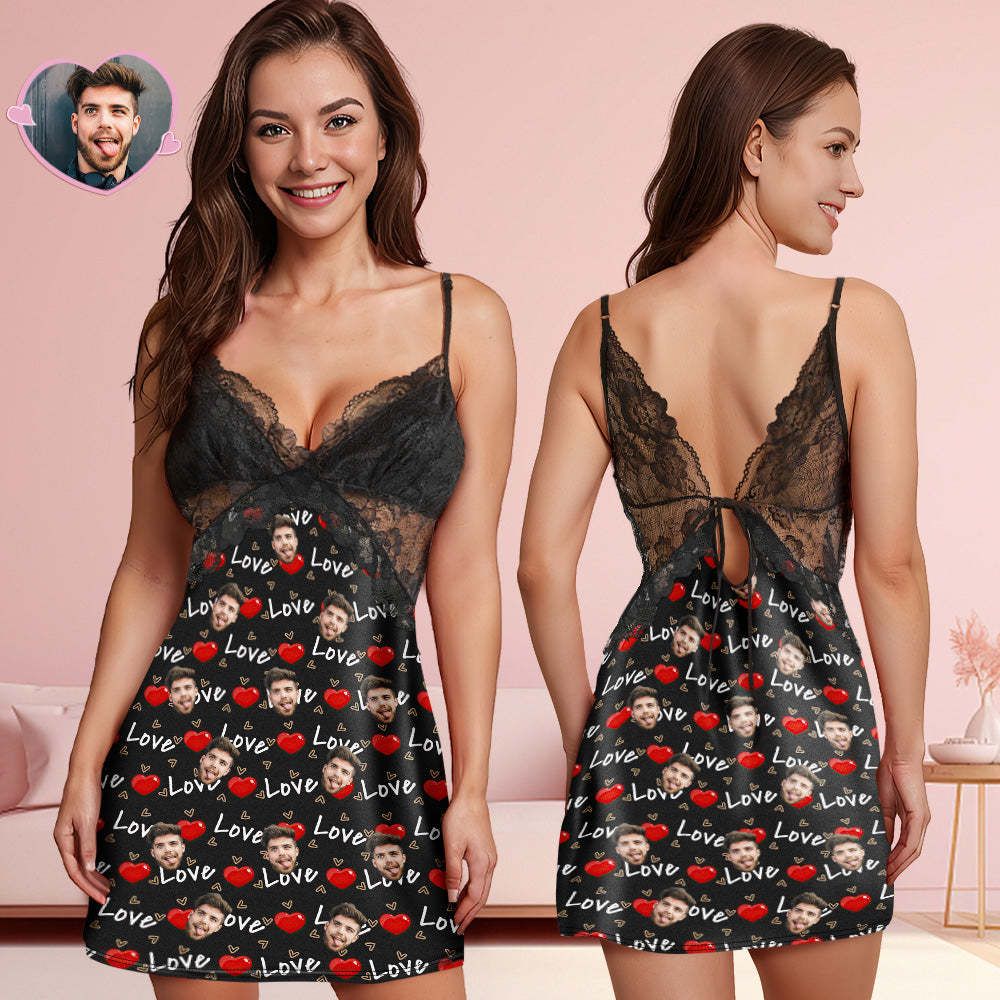 Benutzerdefiniertes Gesicht Damen-nachtwäsche Aus Spitze Mit Liebe Gefüllt, Personalisierte Foto-nachtwäsche, Valentinstagsgeschenk - dephotoblanket