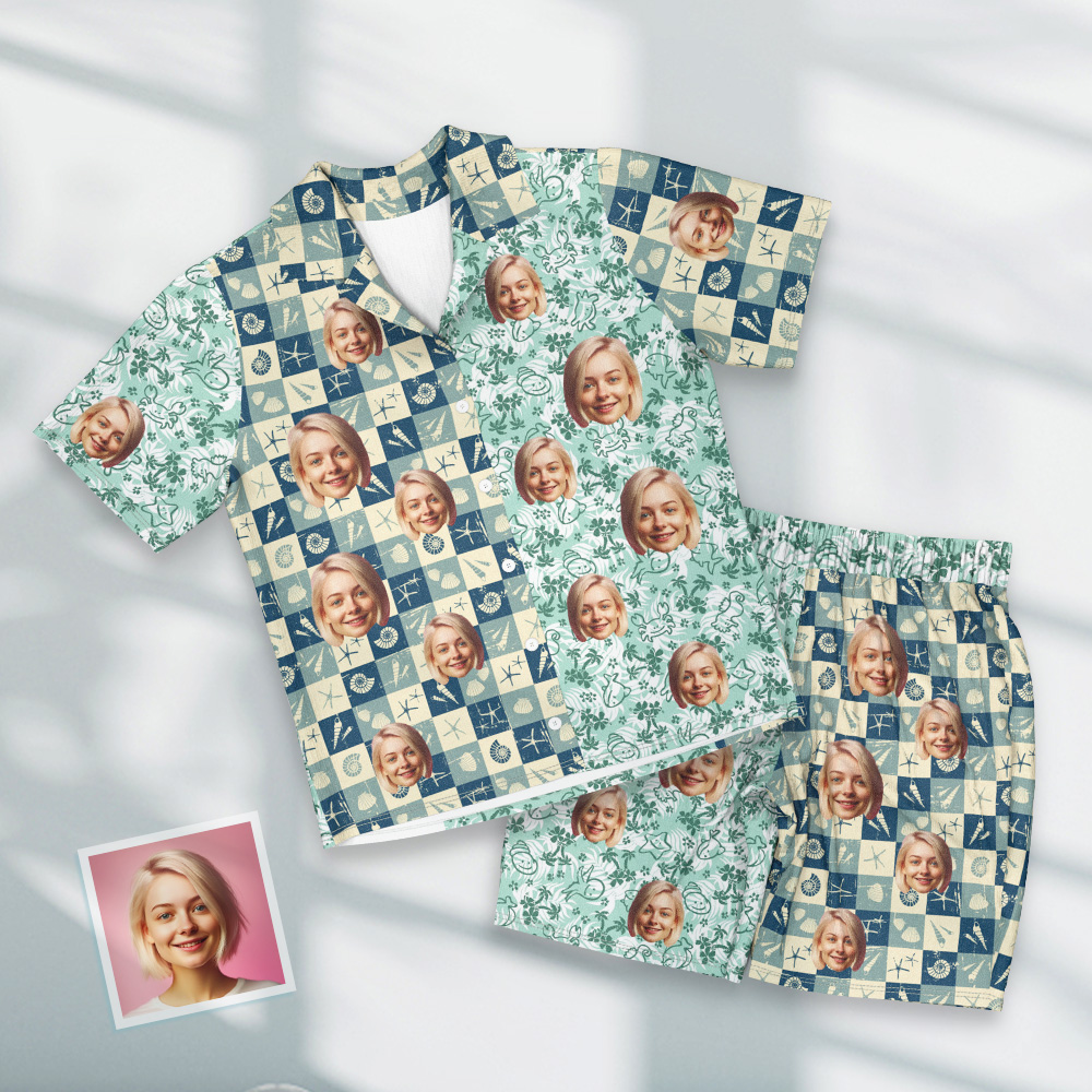 Benutzerdefiniertes Gesicht Kurzarm-pyjama, Personalisierter Foto-pyjama Für Damen Und Herren, Karierte Nachtwäsche