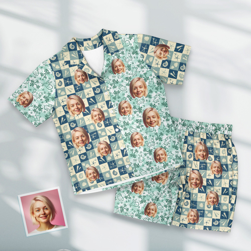 Benutzerdefiniertes Gesicht Kurzarm-pyjama, Personalisierter Blätter-pyjama Für Damen Und Herren, Rosa Nachtwäsche - dephotoblanket