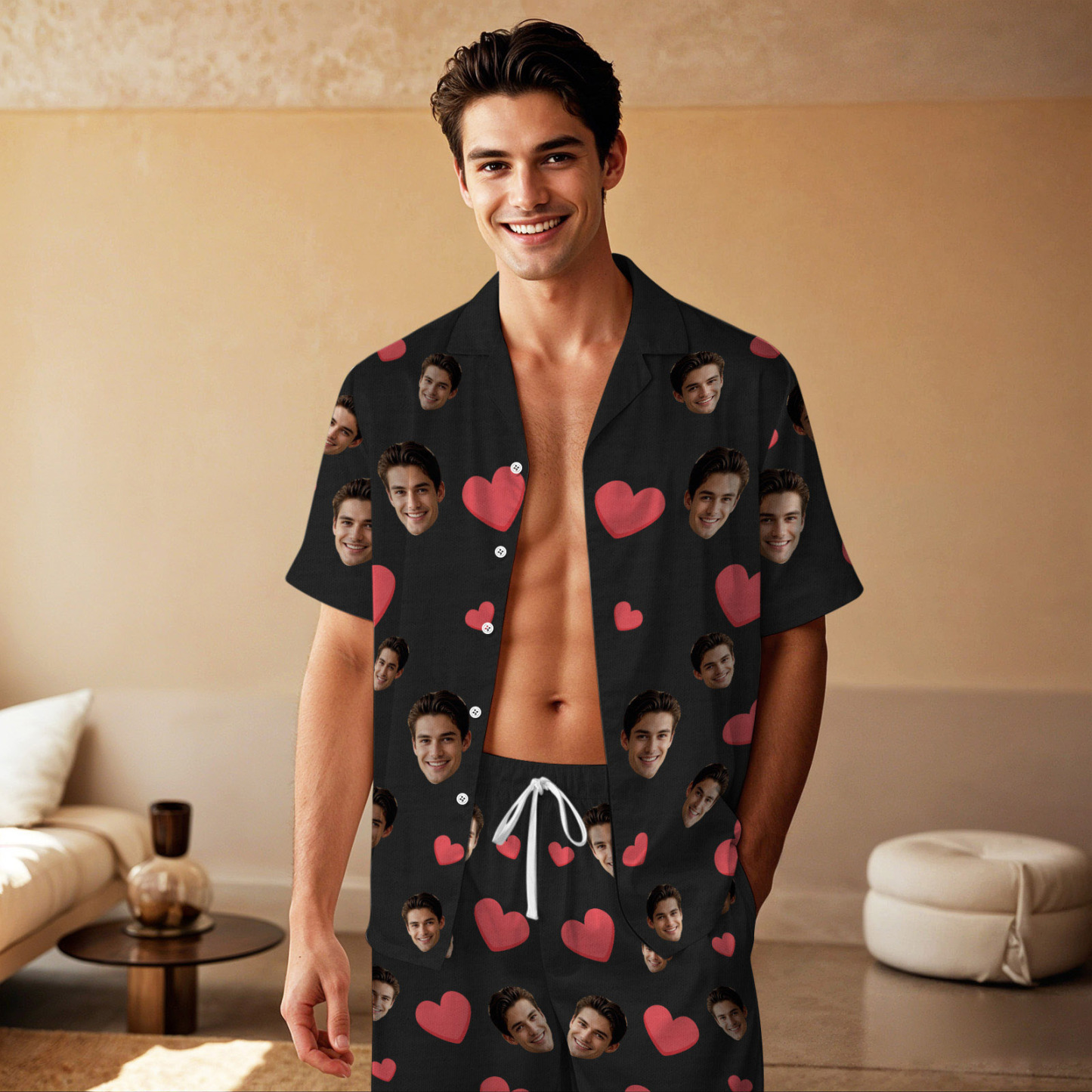 Kurzärmliger Pyjama Mit Individuellem Gesicht, Individuell Gestalteter Pyjama Mit Rotem Herzfoto - dephotoblanket