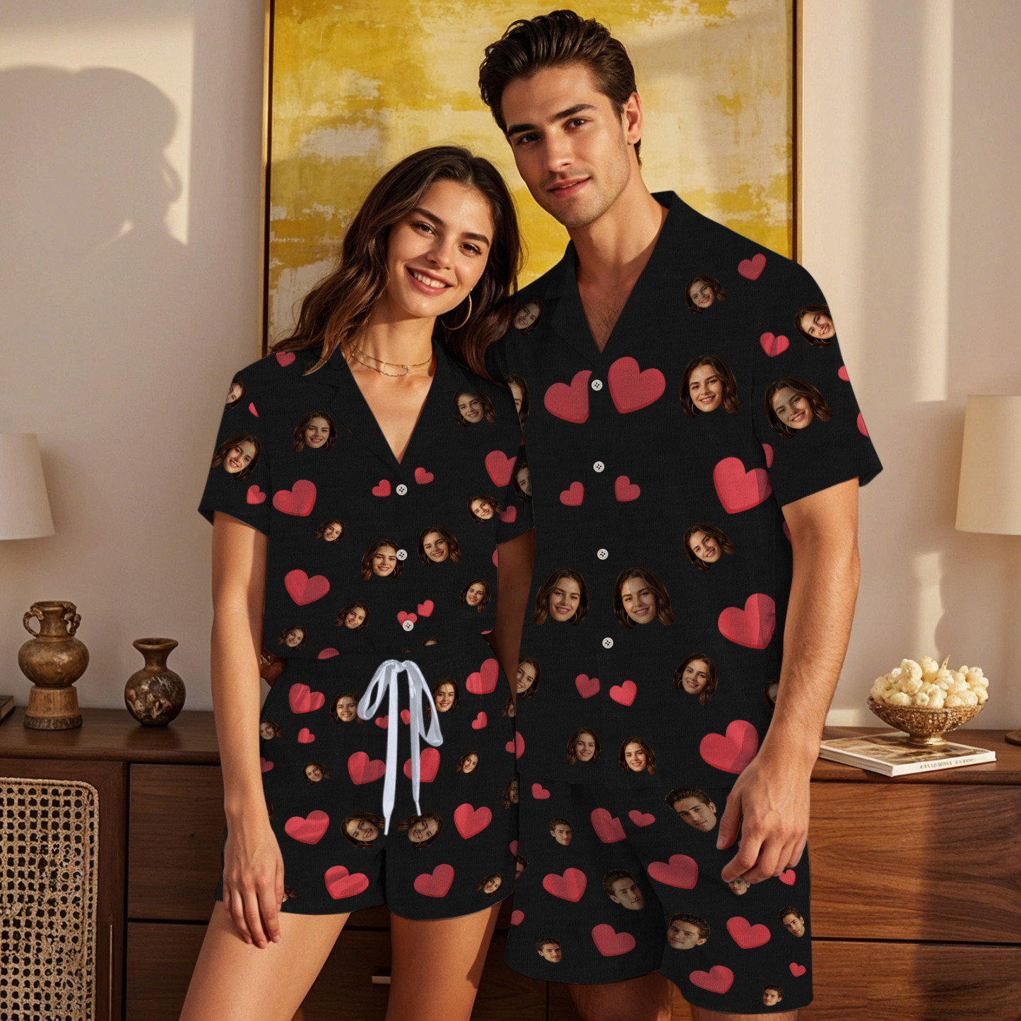 Kurzärmliger Pyjama Mit Individuellem Gesicht, Individuell Gestalteter Pyjama Mit Rotem Herzfoto - dephotoblanket