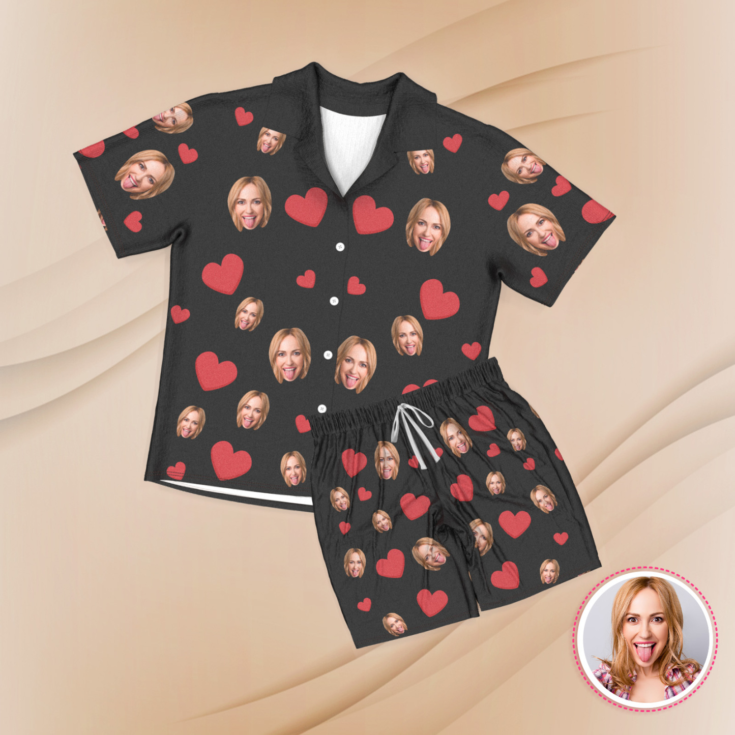 Kurzärmliger Pyjama Mit Individuellem Gesicht, Individuell Gestalteter Pyjama Mit Rotem Herzfoto