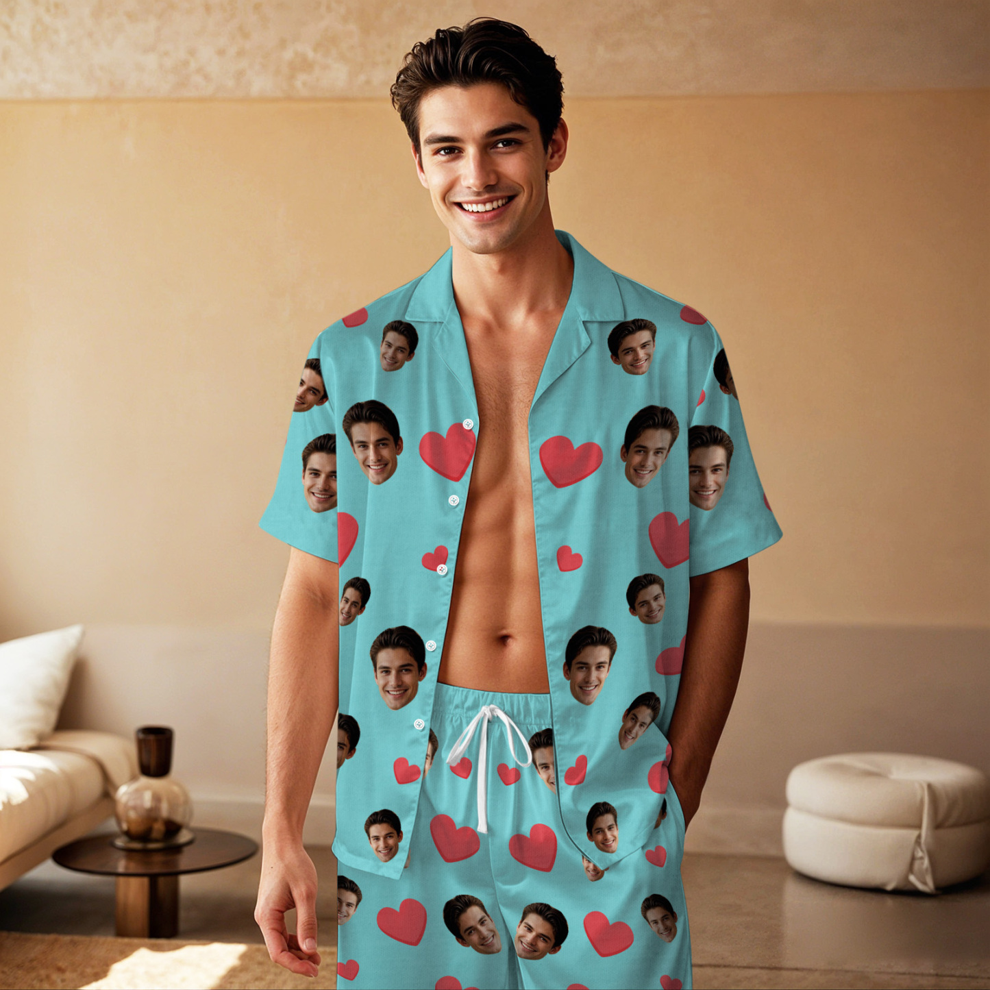 Kurzärmliger Pyjama Mit Individuellem Gesicht, Individuell Gestalteter Pyjama Mit Rotem Herzfoto - dephotoblanket